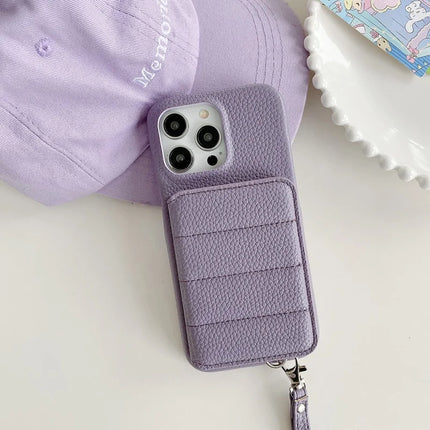 For iPhone 16 Pro Case Card Slots Kickstand PU Leather + PET Phone Cover with Wrist Strap