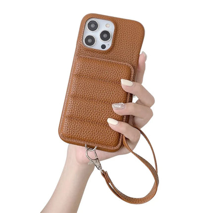 For iPhone 16 Pro Case Card Slots Kickstand PU Leather + PET Phone Cover with Wrist Strap - Dark Brown
