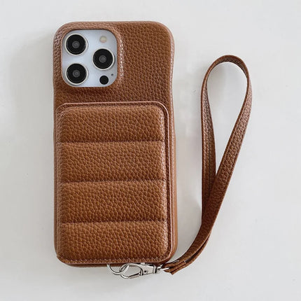 For iPhone 16 Pro Case Card Slots Kickstand PU Leather + PET Phone Cover with Wrist Strap
