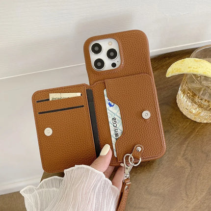 For iPhone 16 Pro Case Card Slots Kickstand PU Leather + PET Phone Cover with Wrist Strap