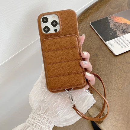 For iPhone 16 Pro Case Card Slots Kickstand PU Leather + PET Phone Cover with Wrist Strap