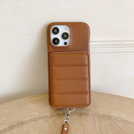 For iPhone 16 Pro Case Card Slots Kickstand PU Leather + PET Phone Cover with Wrist Strap