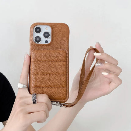 For iPhone 16 Pro Case Card Slots Kickstand PU Leather + PET Phone Cover with Wrist Strap