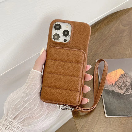 For iPhone 16 Pro Case Card Slots Kickstand PU Leather + PET Phone Cover with Wrist Strap