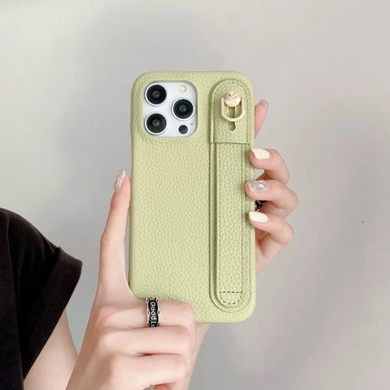 For iPhone 16 Pro Case Wristband Kickstand PU Leather + PET Phone Cover