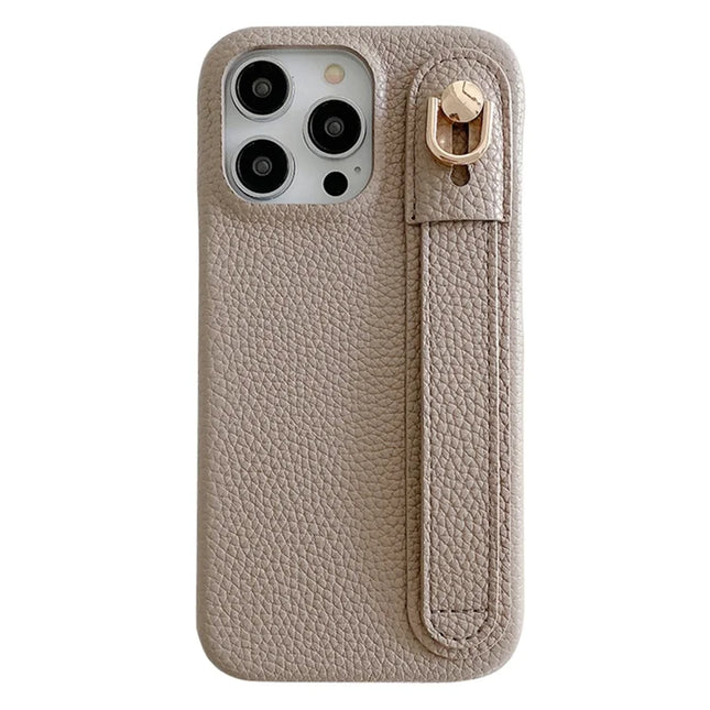 For iPhone 16 Pro Case Wristband Kickstand PU Leather + PET Phone Cover - Grey