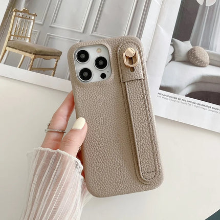 For iPhone 16 Pro Case Wristband Kickstand PU Leather + PET Phone Cover