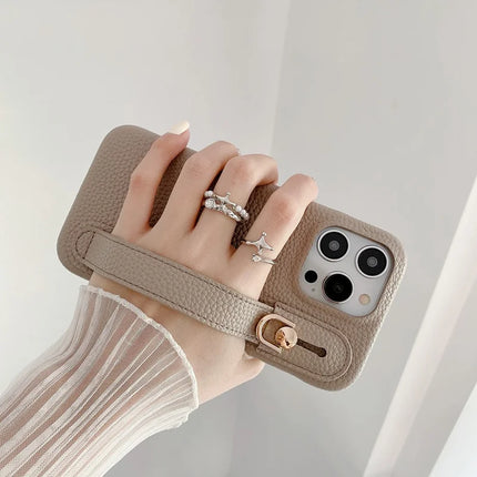 For iPhone 16 Pro Case Wristband Kickstand PU Leather + PET Phone Cover