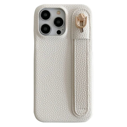 For iPhone 16 Pro Case Wristband Kickstand PU Leather + PET Phone Cover - White