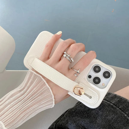 For iPhone 16 Pro Case Wristband Kickstand PU Leather + PET Phone Cover