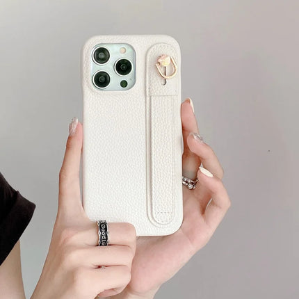 For iPhone 16 Pro Case Wristband Kickstand PU Leather + PET Phone Cover