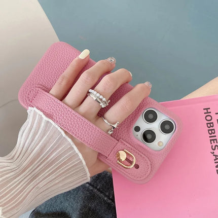 For iPhone 16 Pro Case Wristband Kickstand PU Leather + PET Phone Cover