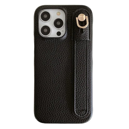 For iPhone 16 Pro Case Wristband Kickstand PU Leather + PET Phone Cover - Black