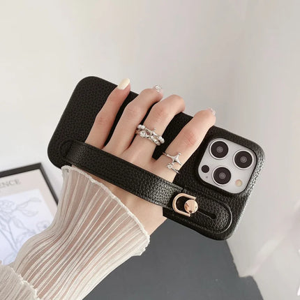 For iPhone 16 Pro Case Wristband Kickstand PU Leather + PET Phone Cover