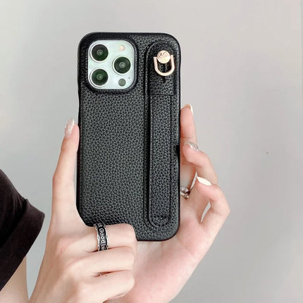 For iPhone 16 Pro Case Wristband Kickstand PU Leather + PET Phone Cover