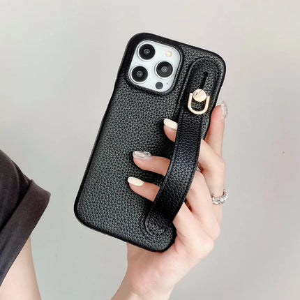 For iPhone 16 Pro Case Wristband Kickstand PU Leather + PET Phone Cover
