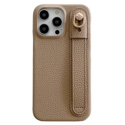 For iPhone 16 Pro Case Wristband Kickstand PU Leather + PET Phone Cover - Light Brown
