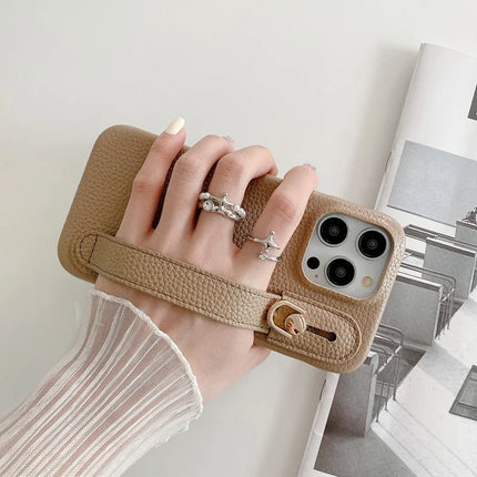 For iPhone 16 Pro Case Wristband Kickstand PU Leather + PET Phone Cover