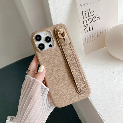 For iPhone 16 Pro Case Wristband Kickstand PU Leather + PET Phone Cover
