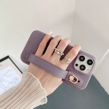 For iPhone 16 Pro Case Wristband Kickstand PU Leather + PET Phone Cover
