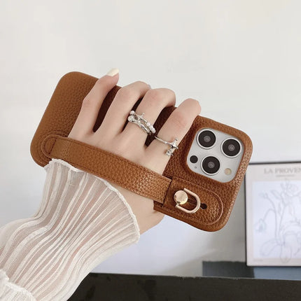 For iPhone 16 Pro Case Wristband Kickstand PU Leather + PET Phone Cover
