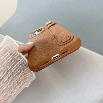For iPhone 16 Pro Case Wristband Kickstand PU Leather + PET Phone Cover
