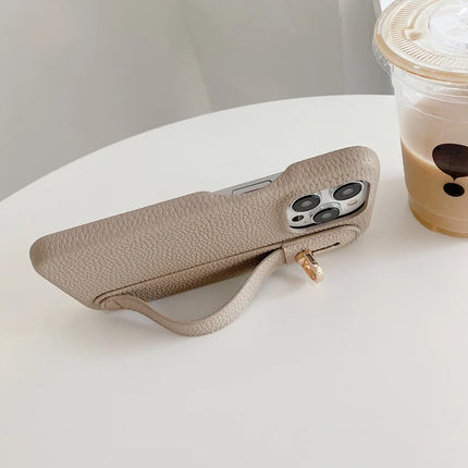 For iPhone 15 Pro Max Case Wristband Kickstand PU Leather + PET Phone Cover