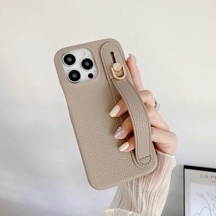 For iPhone 15 Pro Max Case Wristband Kickstand PU Leather + PET Phone Cover