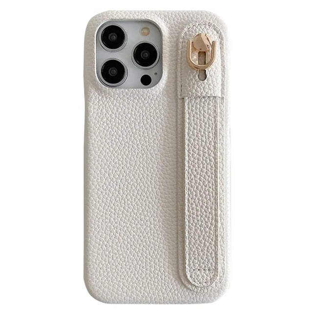 For iPhone 15 Pro Max Case Wristband Kickstand PU Leather + PET Phone Cover - White
