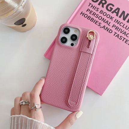 For iPhone 15 Pro Max Case Wristband Kickstand PU Leather + PET Phone Cover