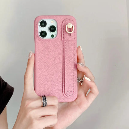 For iPhone 15 Pro Max Case Wristband Kickstand PU Leather + PET Phone Cover