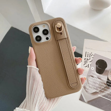 For iPhone 15 Pro Max Case Wristband Kickstand PU Leather + PET Phone Cover