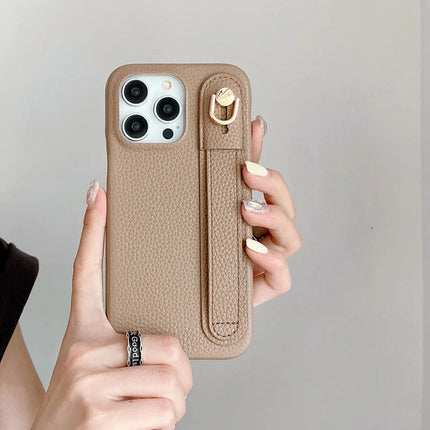 For iPhone 15 Pro Max Case Wristband Kickstand PU Leather + PET Phone Cover