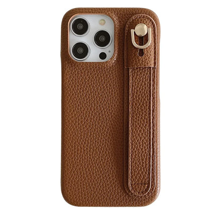 For iPhone 15 Pro Max Case Wristband Kickstand PU Leather + PET Phone Cover - Dark Brown