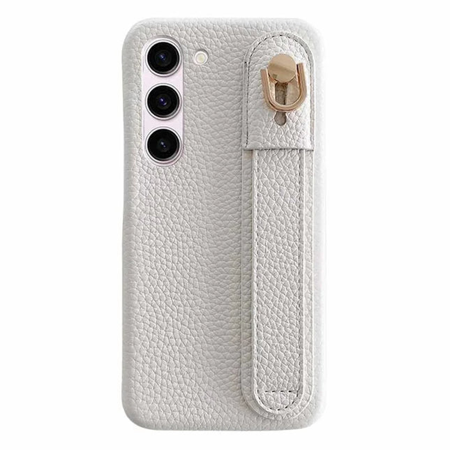 For Samsung Galaxy S23 Case Wristband Kickstand PU Leather + PET Phone Cover - White