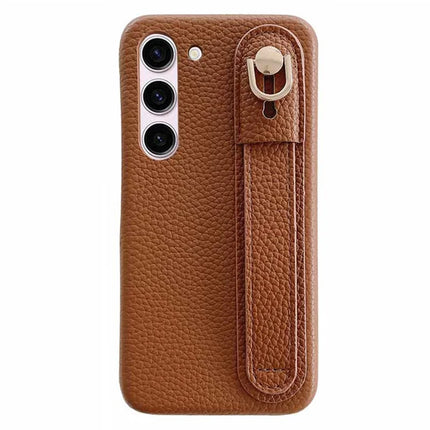 For Samsung Galaxy S23 Case Wristband Kickstand PU Leather + PET Phone Cover - Dark Brown