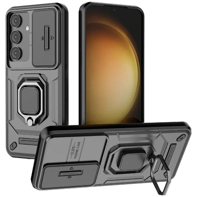 For Samsung Galaxy A36 5G Case PC+TPU Kickstand Phone Protector with Lens Cover - Black