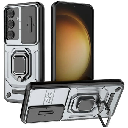 For Samsung Galaxy A36 5G Case PC+TPU Kickstand Phone Protector with Lens Cover - Grey