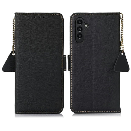 TJ For Samsung Galaxy A26 5G Case RFID Blocking Genuine Cow Leather Phone Cover - Black