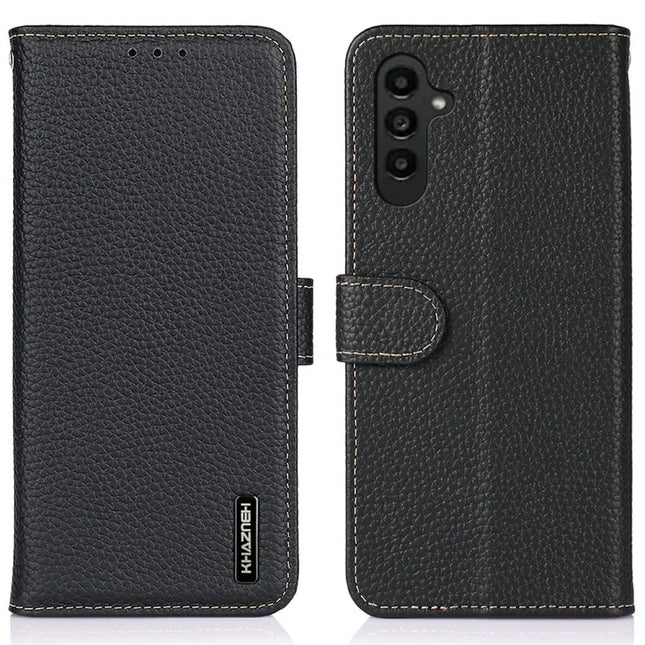 KHAZNEH For Samsung Galaxy A36 5G Phone Case Genuine Cow Leather Flip Cover - Black