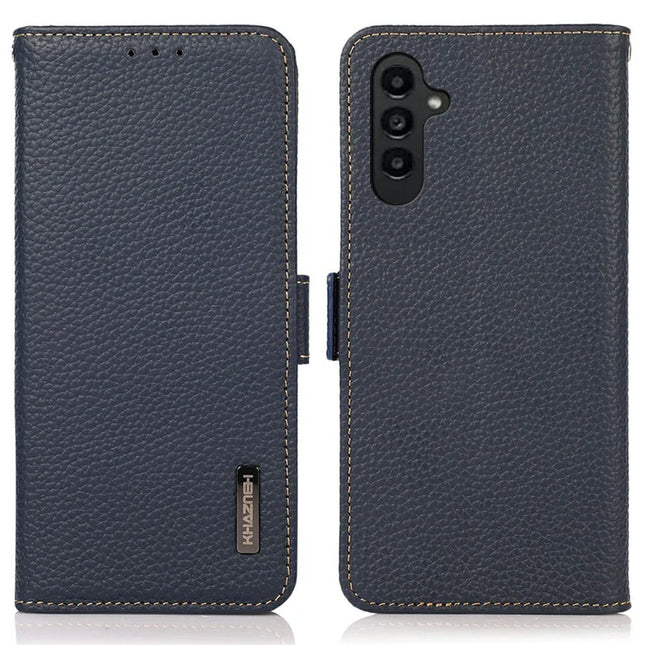 KHAZNEH For Samsung Galaxy A36 5G Phone Case Genuine Cow Leather Cover RFID Blocking - Blue