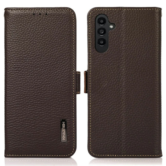 KHAZNEH For Samsung Galaxy A36 5G Phone Case Genuine Cow Leather Cover RFID Blocking - Brown