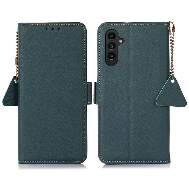 TJ For Samsung Galaxy A36 5G Case RFID Blocking Genuine Cow Leather Phone Cover - Green