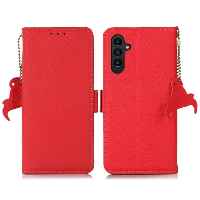 TJ For Samsung Galaxy A36 5G Case RFID Blocking Genuine Cow Leather Phone Cover - Red