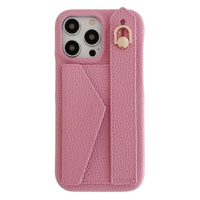 For iPhone 15 Pro Max Case with Card Slot Wristband Kickstand PU Leather+PET Phone Cover - Pink