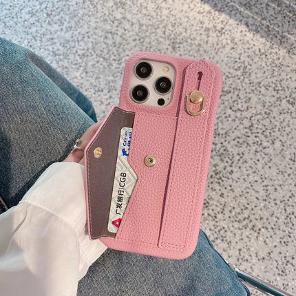 For iPhone 15 Pro Max Case with Card Slot Wristband Kickstand PU Leather+PET Phone Cover