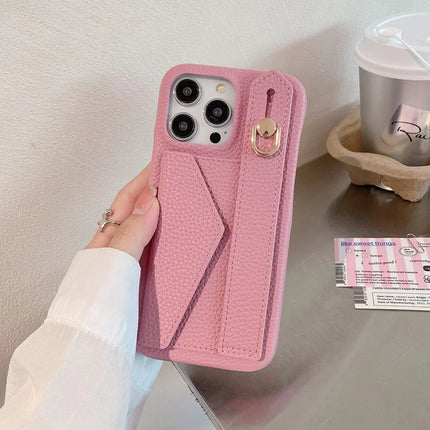 For iPhone 15 Pro Max Case with Card Slot Wristband Kickstand PU Leather+PET Phone Cover