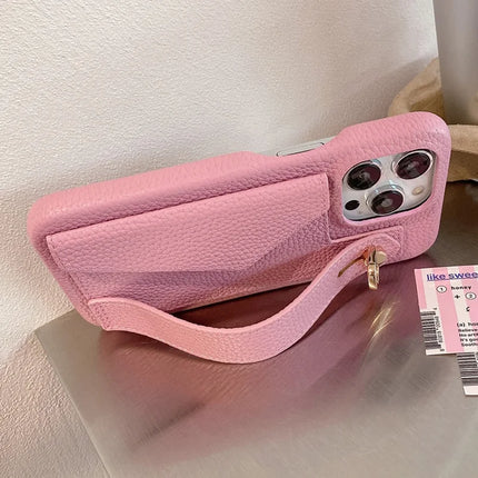 For iPhone 15 Pro Max Case with Card Slot Wristband Kickstand PU Leather+PET Phone Cover