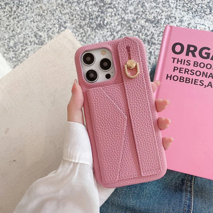 For iPhone 15 Pro Max Case with Card Slot Wristband Kickstand PU Leather+PET Phone Cover