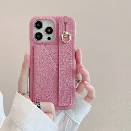 For iPhone 15 Pro Max Case with Card Slot Wristband Kickstand PU Leather+PET Phone Cover